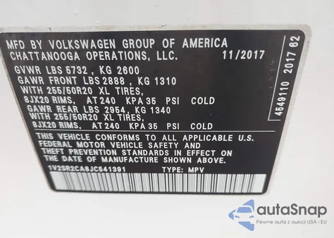 2018 Volkswagen Atlas 3.6L V6 Sel из США, поврежденный, VIN 1V2SR2CA8JC541391